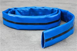 Click to enlarge - Extremely robust layflat hose designed for the most arduous conditions found in off-shore and bunkering applications.
Made from a very tough PU material and reinforced with high tensile polyester fibres, this hose is well suited to difficult working conditions. The hose can be fitted with two earthing wires contained within the black strap.