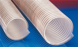 Click to enlarge - Made from a premium grade polyether polyurethane and reinforced with a sprung steel wire helix.
This first class ducting hose is designed to be used in many industries. It is food safe and permanently anti-static with very good abrasion resistance. This ducting is also very resistant to hydrolysis and is microbe resistant.

An excellent choice when encountering abrasive materials and where an anti-static hose is needed.