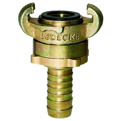 Click to enlarge - DIN type double look quick coupling. Just twist the two halves together and tighten the rear knurled ring ensuring a secure joint. These couplings conform to DIN 3238. Very high flow rates are achieved through the maximum bore size. Head is made from malleable iron and the shank is from machined steel.
